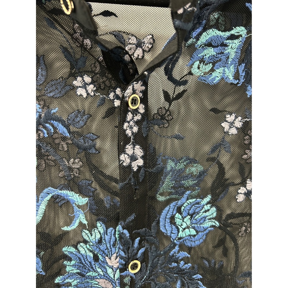 Sheer Black Mesh Floral Embroidered Button Down Shirt Blue Teal Top XL - Picture 2 of 9